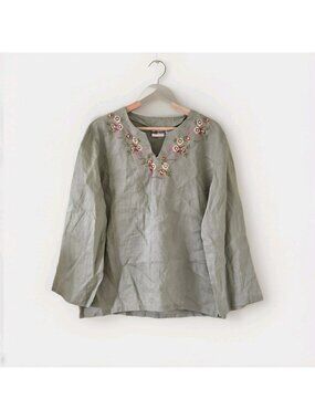 Kaktus Linen Top Women L Khaki Floral Sequined Embroidery Lagenllok Boho Coastal